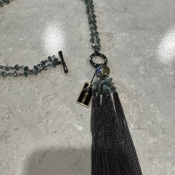 Joan Rivers Sparkling Crystal Seafoam Green Tassel Necklace Gunmetal Toggle Hook - Picture 4 of 6